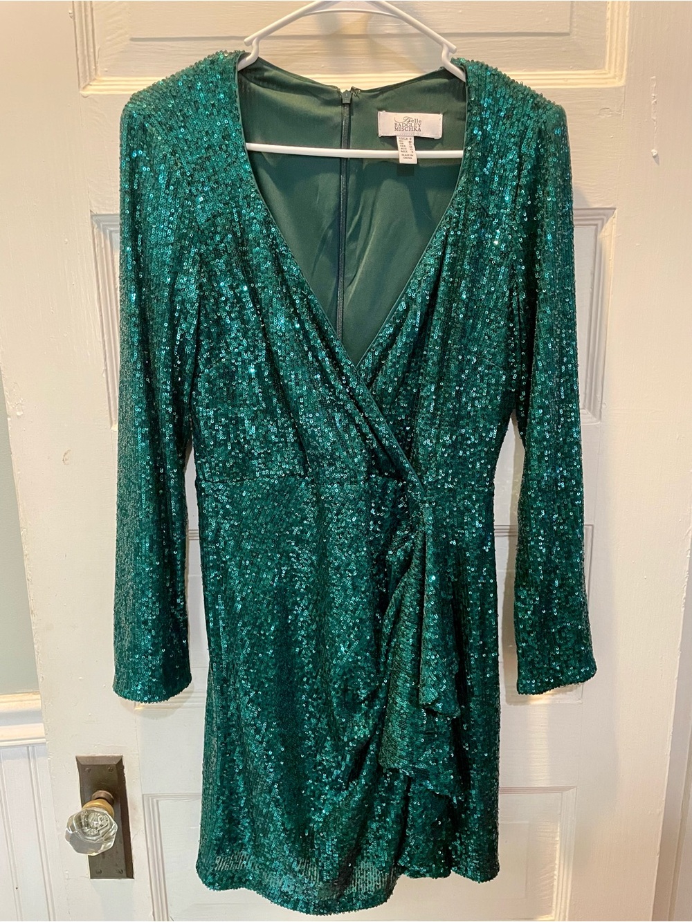 Bagdley Mischka Emerald Green Sequin Wrap Dress, Size 8